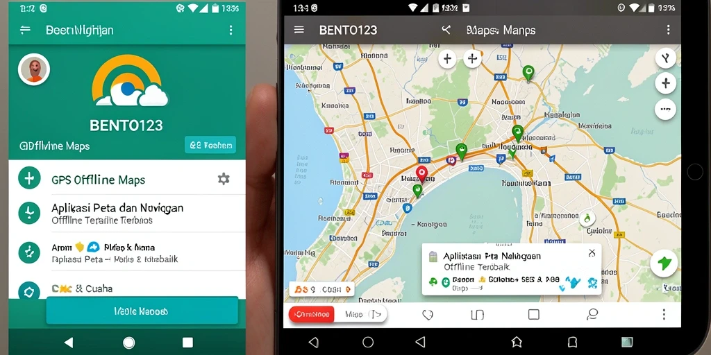 Antarmuka BENTO123 yang menunjukkan peta offline dan navigasi jelas.